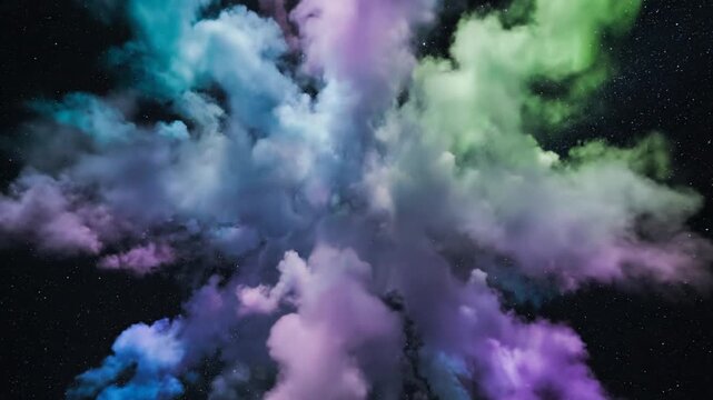 Colored smoke clouds billow in a vibrant explosion of teal, purple, and green against a solid black background.