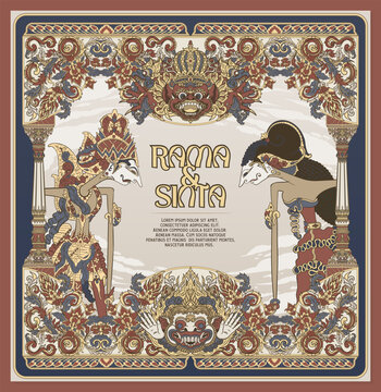 Vintage Javanese Wedding Invitation Template with Rama and Sinta Wayang, Floral Batik Decoration