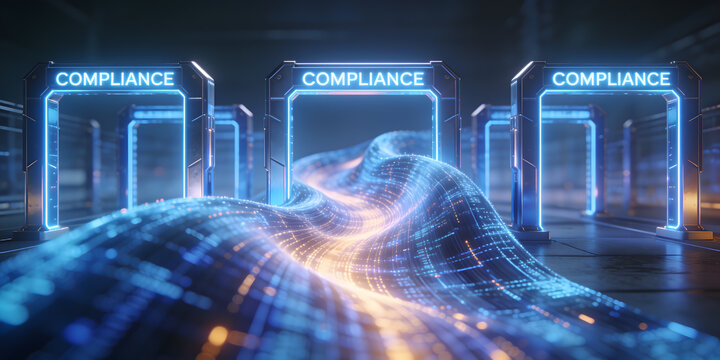 Glowing digital data fluid wave flowing through futuristic gateways with compliance text representing cyber security, regulatory standards, data governance, and corporate privacy.