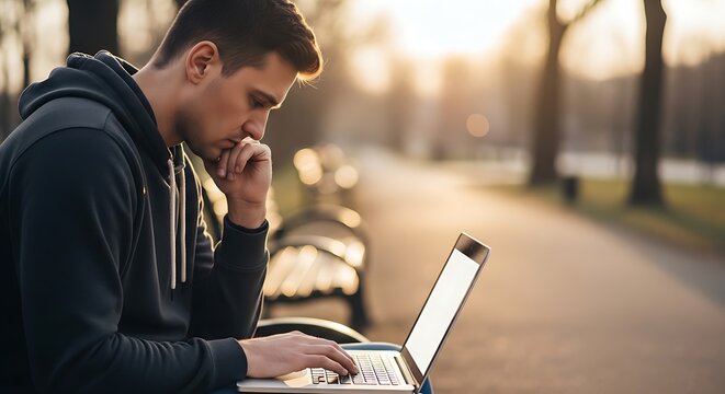Focused young man working on laptop outdoors with hand on chin in thoughtful pose