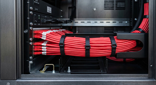 Organized Red Network Cables Installed in Server Rack