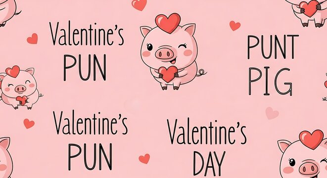 Cute cartoon pigs with heart puns on a pink valentine background