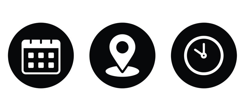 Date calendar map pin location clock time icon vector on black circle flat style icons for travel planning scheduling and digital interface usability design vector, designs