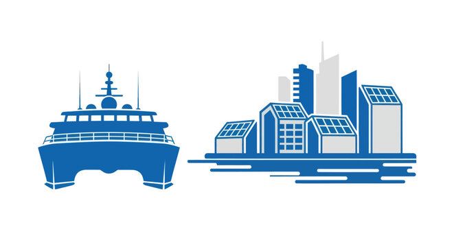 Yacht and Solar City Skyline Vector Illustration