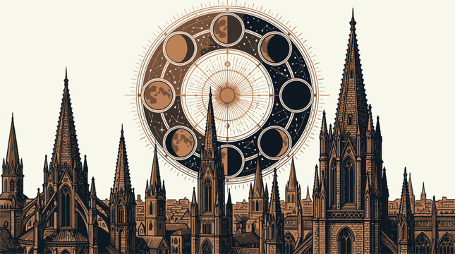 Gothic Cathedral Skyline with Giant Clock Vector Illustration.