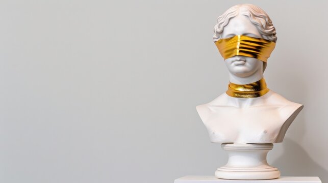Bust of a Classical Sculpture Covered with Strips of Gold Foil against a Minimalistic Background