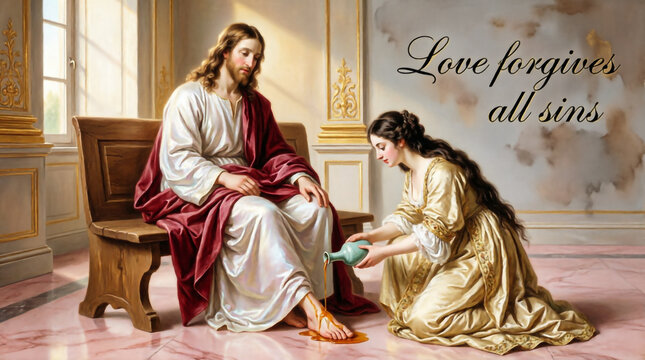 A sinful woman anoints Jesus with perfume in a vintage elegant and deeply cool sacred art.