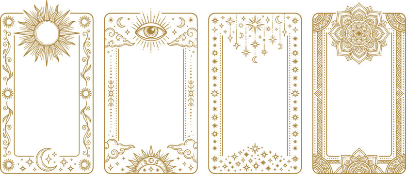 Mystical Tarot Card Frame Border Vector Set with Gold Esoteric Sunburst All Seeing Eye Mandala and Celestial Stars for Oracle Card Designs