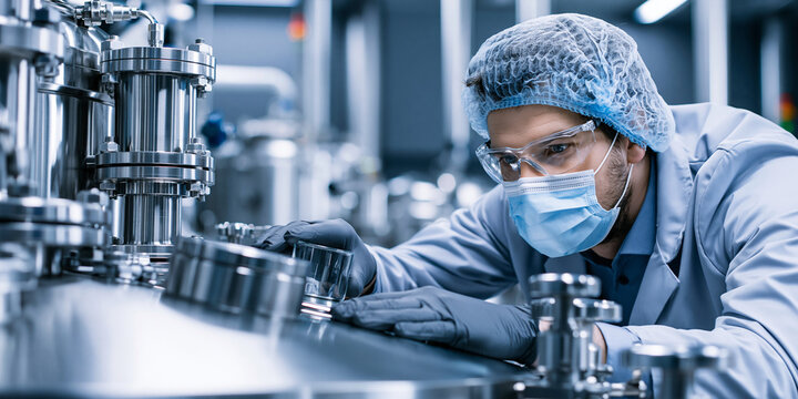 Pharmaceutical quality control specialist inspecting production equipment