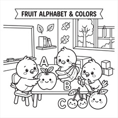 Fototapeta premium Colorful cartoon birds learn alphabet with fruit in classroom Coloring Page 