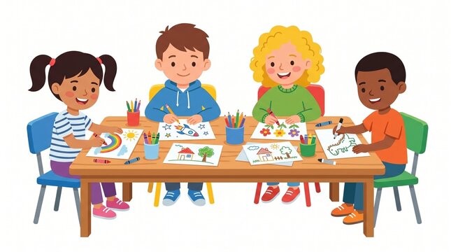 Children Drawing and Coloring in Classroom Vector Illustration