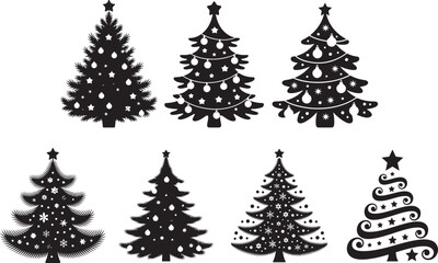 Obraz premium Set of seven black silhouette christmas tree designs with various ornaments and star decorations for holidays