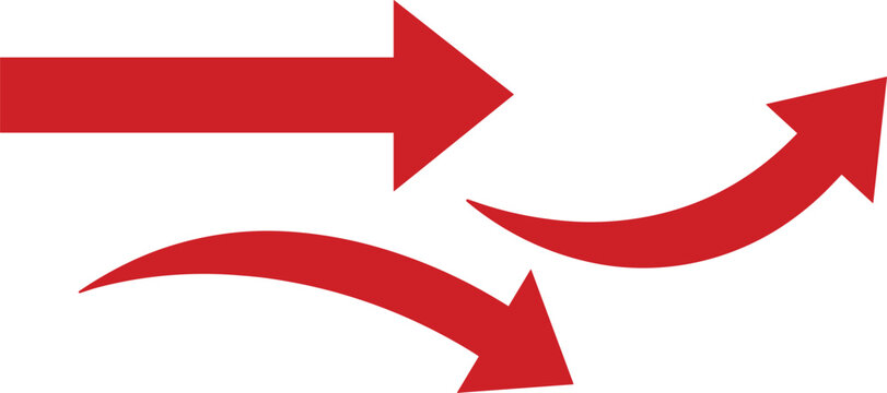 Red directional arrow collection featuring straight and curved designs for navigation and movement.