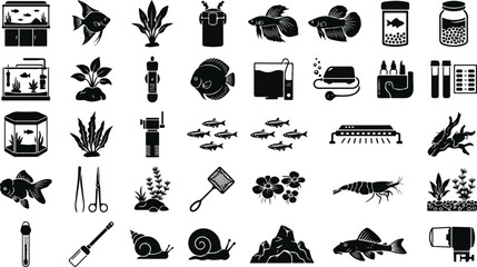 Aquarium equipment and tropical fish icon set © Lunatix Studio