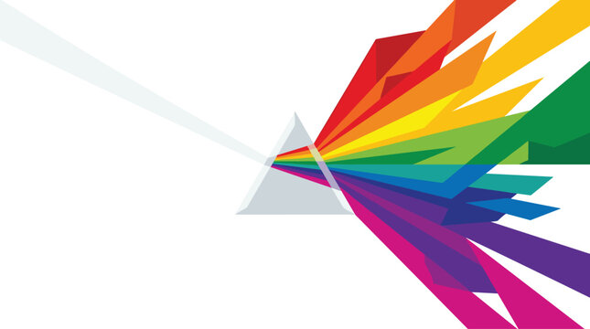 Abstract light prism dispersion concept vector background with white beam entering glass triangle and exploding into a colorful low poly rainbow spectrum splash.