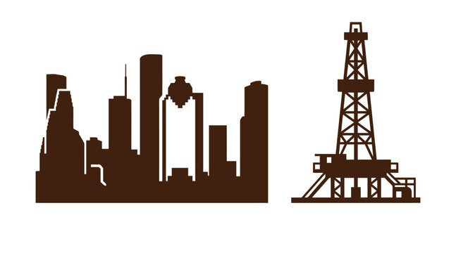 Industrial city skyline and oil drilling rig silhouette icons with industry industrial silhouette building extraction petroleum construction architecture business manufacturing infrastructur