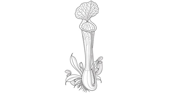 Detailed botanical illustration of a carnivorous pitcher plant in black and white line art