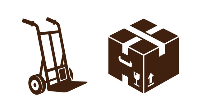 Hand truck and cardboard delivery box icons with delivery shipping logistics cardboard transport warehouse transportation distribution equipment industrial business commerce container