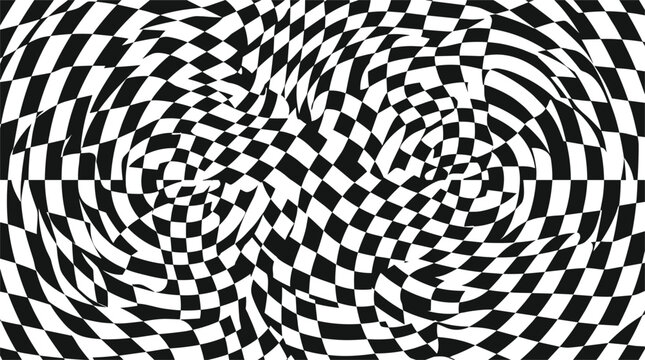 Abstract optical illusion background with black and white checkerboard pattern distorted in a swirling hypnotic twirl wavy geometric checkered vector texture.