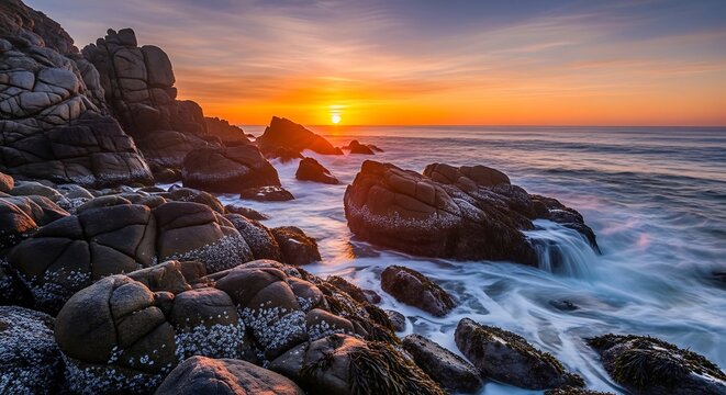 Dramatic sunrise over rocky coastal waves with ocean spray and vibrant sky