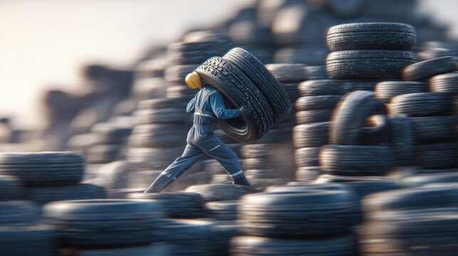 Worker carries tires amidst tire pile