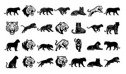 Wild Tiger Silhouette Vector Collection for Mascots Logos Tattoos and Wildlife Branding © MDNOYON