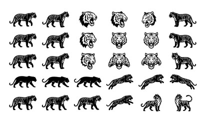 Majestic Tiger Silhouette Set with Mascot Logo and Tattoo Style Wild Cat Vector Art © MDNOYON