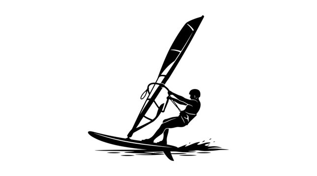 Silhouette of a windsurfer on a surfboard with sail, isolated on white background