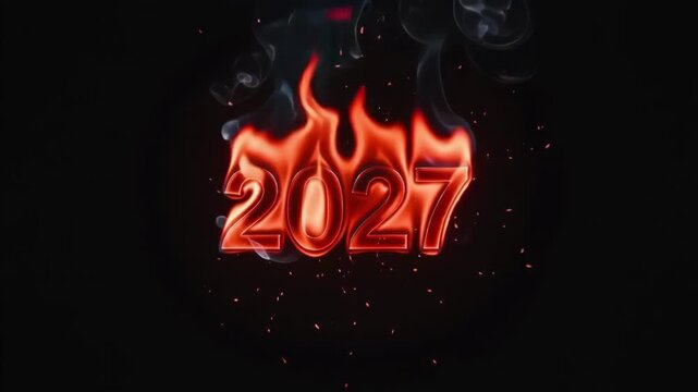 Burning 2027 year numbers glowing with intense orange flames and rising wisps of dark smoke captured in this high definition digital motion animation clip perfect for new year celebrations and creativ