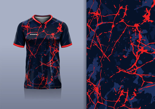 T-shirt mockup abstract cracked flash texture grunge sport jersey design for football, soccer, racing, esports, running, red black blue color