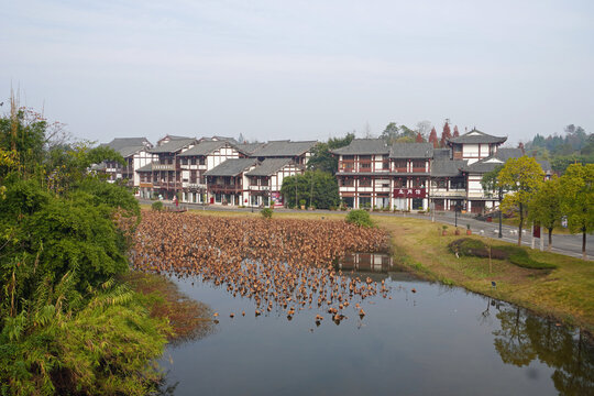 Lake and river of Dazu Rock Carvings,the stunning Buddhist sculptural art at Baoding Mountain, Chongqing, China