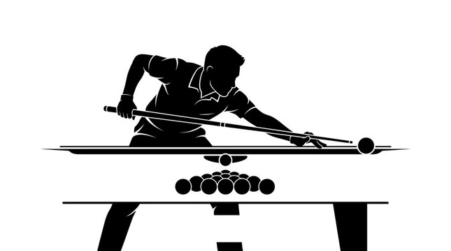 Silhouette of a man playing billiards, aiming for a shot on a pool table.