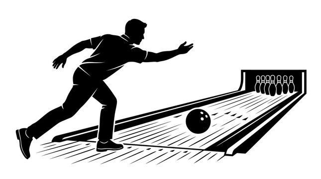 Silhouette of a man bowling, throwing a ball down the lane towards pins