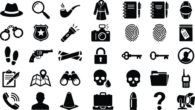 Detective and crime investigation icon set for mystery and law