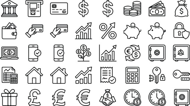 Financial and banking line icon set for business and investment