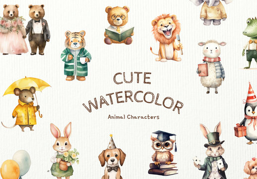 Charming Watercolor Animal Illustrations Element Set