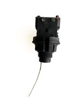 Water level float switch controller for tank, isolated on white background. Automatic pump liquid level sensor with orange weight indicator for plumbing, home utility, and industrial mockup.