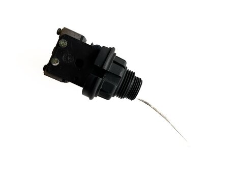 Water level float switch controller for tank, isolated on white background. Automatic pump liquid level sensor with orange weight indicator for plumbing, home utility, and industrial mockup.