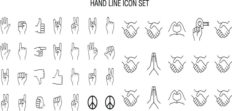 Collection of line vector hand gesture icons including thumbs up pointing finger handshakes and heart signs for communication design graphics.Collection of line vector hand gesture icons including thu