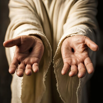 sacred hands of jesus with stigmata wounds high contrast spiritual photography reverent palm detail nails skin texture holy compassion