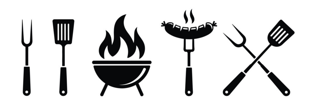 Barbecue tools silhouette icon set, black grill equipment symbols