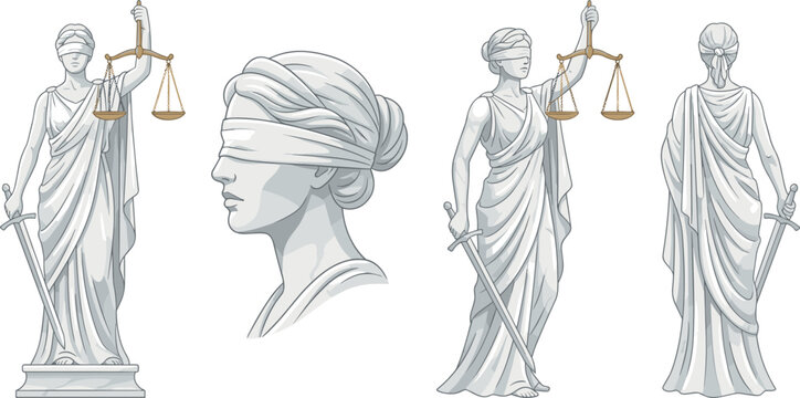 Lady Justice Statue Vector Set with Blindfolded Goddess Holding Scales and Sword for Legal Law Courtroom and Professional Attorney Branding