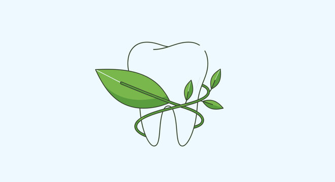 Green leaf entwined around a tooth illustration.