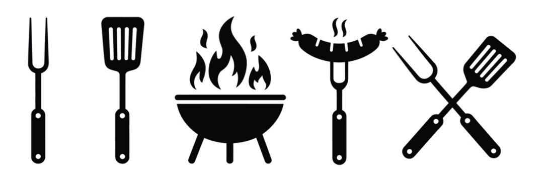 Barbecue tools silhouette icon set, black grill equipment symbols