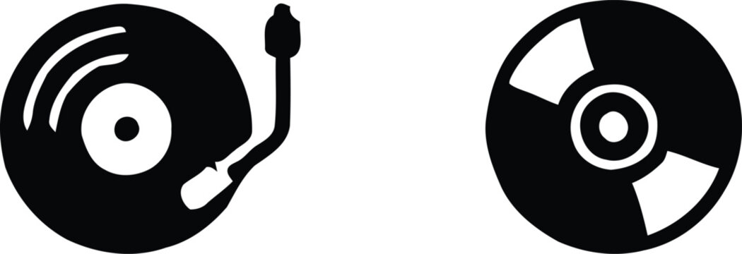 Pair of black vinyl record disc and vintage turntable silhouette icons with turntable silhouette listening isolated
