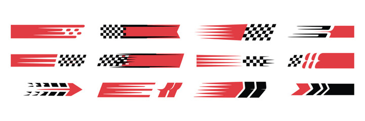 Dynamic racing stripes and checkered flag elements vector featuring speed and competition icon, finish line graphics, motocross branding, racing stripe symbol, editable vector illustration, © gevan