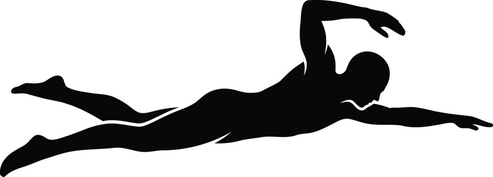 Professional swimmer silhouette vector, athletic male swimming front crawl stroke, minimalist black sport icon for aquatic competition and fitness