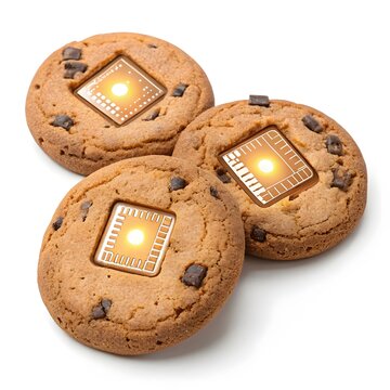 Chocolate chip cookies with integrated glowing computer microchips computer microchip technology processor electronics innovation