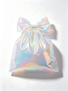 Shiny holographic iridescent favor bags with integrated ribbon handles and front bow details, mirror-like shifting rainbow finish, displayed against a solid white studio background with gentle diffuse