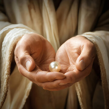 jesus hands holding luminous pearl of great price religious spiritual parable sacred reverence holy light weathered gentle hands divine serenity christian faith tranquil devotion